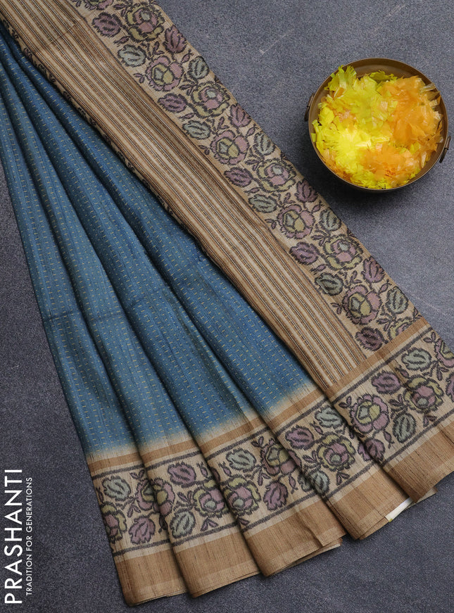 Art tussar saree teal blue and sandal with allover prints and patola printed border