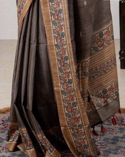 Art tussar saree grey and sandal with allover prints and patola printed border