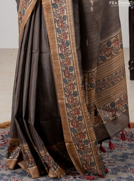 Art tussar saree grey and sandal with allover prints and patola printed border