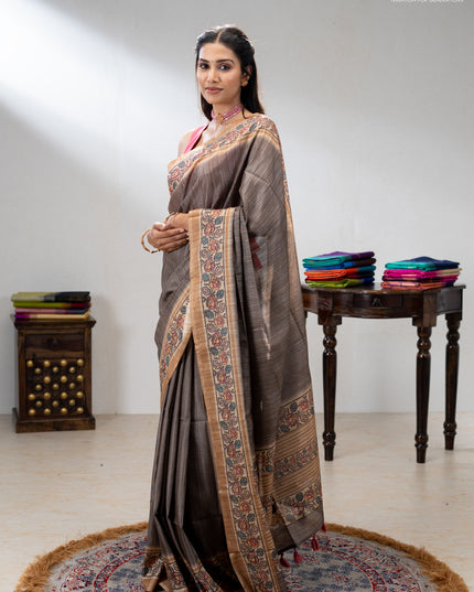 Art tussar saree grey and sandal with allover prints and patola printed border
