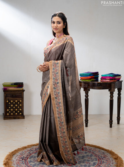 Art tussar saree grey and sandal with allover prints and patola printed border