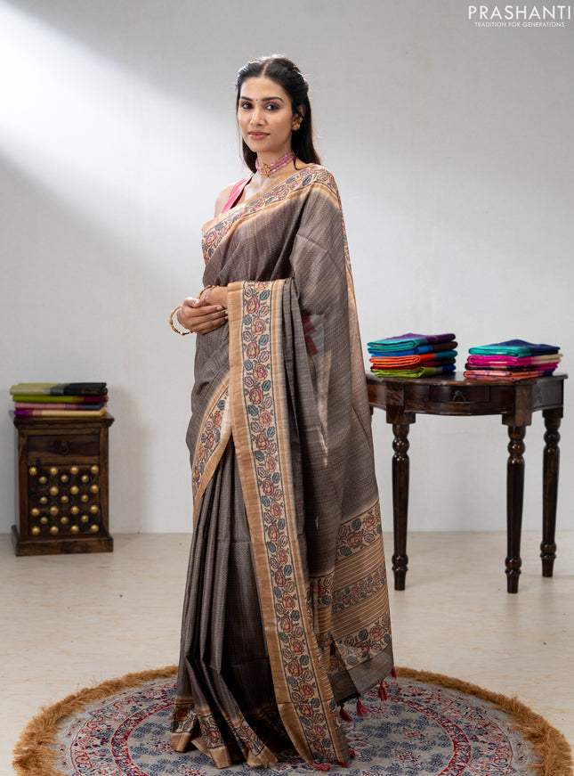 Art tussar saree grey and sandal with allover prints and patola printed border