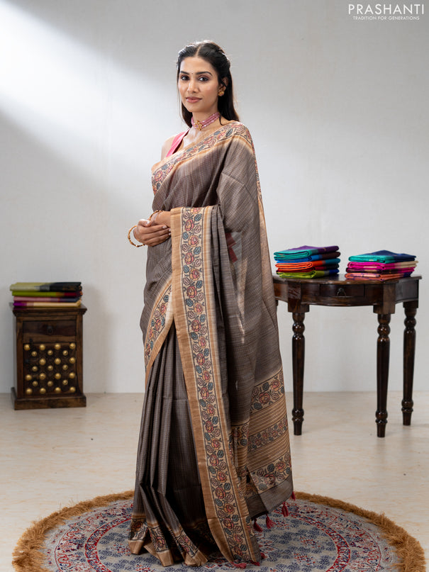 Art tussar saree grey and sandal with allover prints and patola printed border