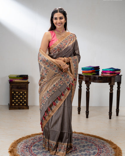 Art tussar saree grey and sandal with allover prints and patola printed border