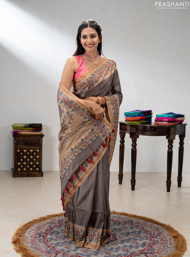 Art tussar saree grey and sandal with allover prints and patola printed border