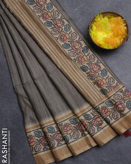 Art tussar saree grey and sandal with allover prints and patola printed border