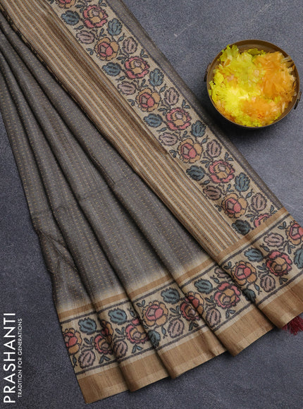 Art tussar saree grey and sandal with allover prints and patola printed border