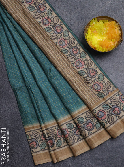 Art tussar saree teal green and sandal with allover prints and patola printed border