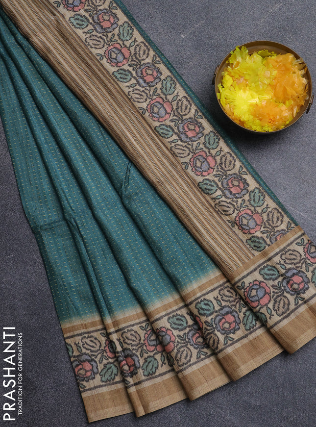 Art tussar saree teal green and sandal with allover prints and patola printed border