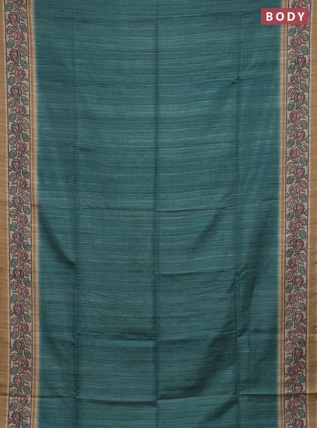 Art tussar saree teal green and sandal with allover prints and patola printed border