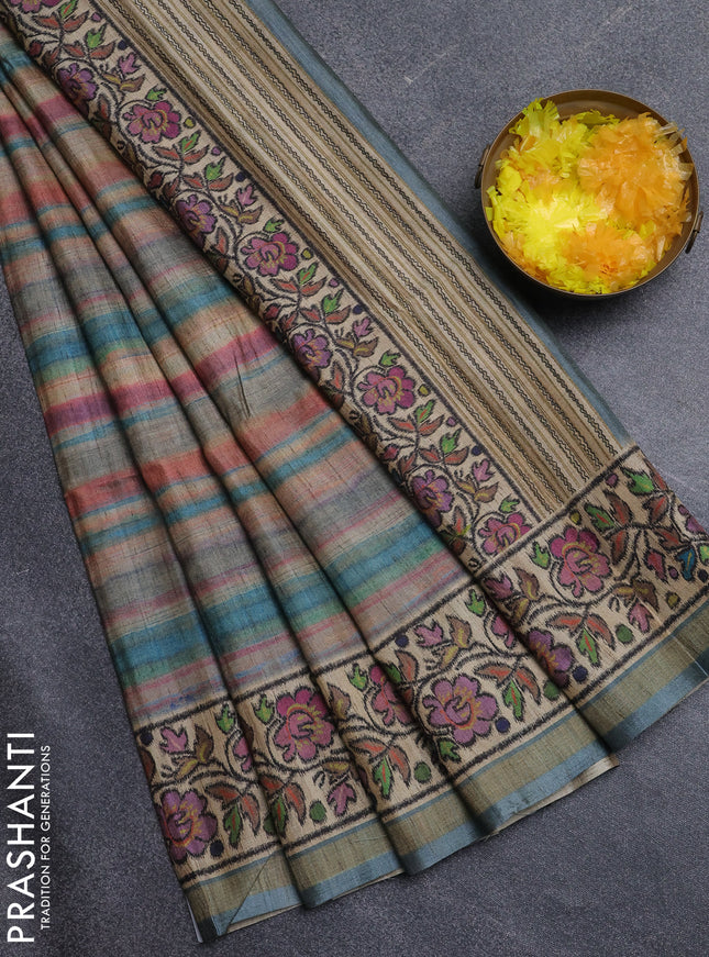 Art tussar saree multi colour and beige with plain body and patola printed border