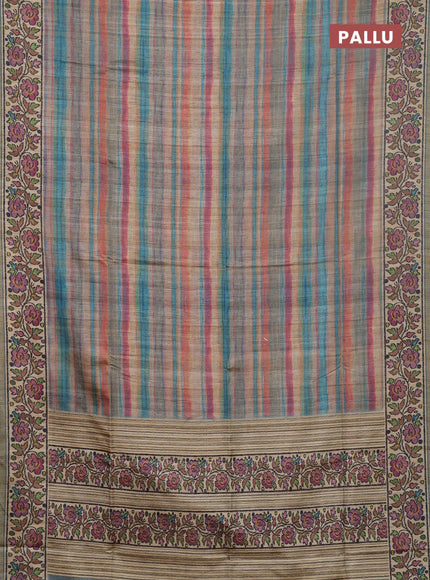 Art tussar saree multi colour and beige with plain body and patola printed border