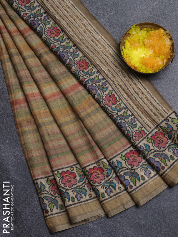 Art tussar saree multi colour and beige elaichi green with plain body and patola printed border