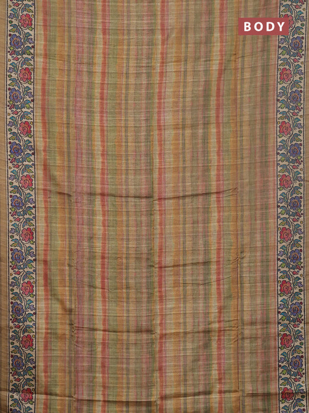 Art tussar saree multi colour and beige elaichi green with plain body and patola printed border