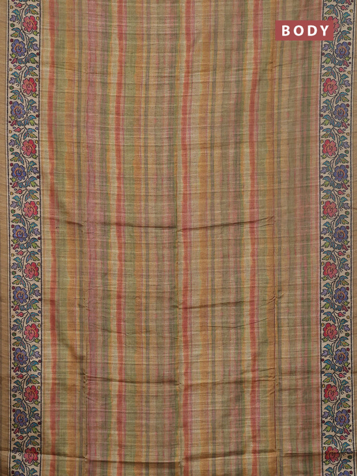 Art tussar saree multi colour and beige elaichi green with plain body and patola printed border