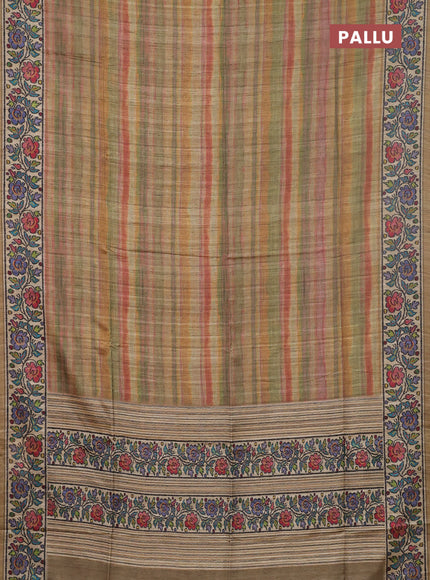 Art tussar saree multi colour and beige elaichi green with plain body and patola printed border