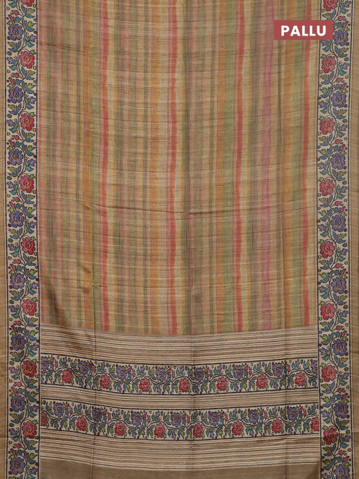 Art tussar saree multi colour and beige elaichi green with plain body and patola printed border