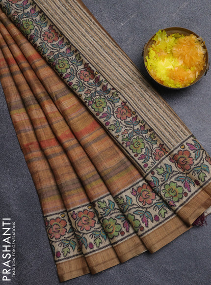 Art tussar saree multi colour and sandal with plain body and patola printed border