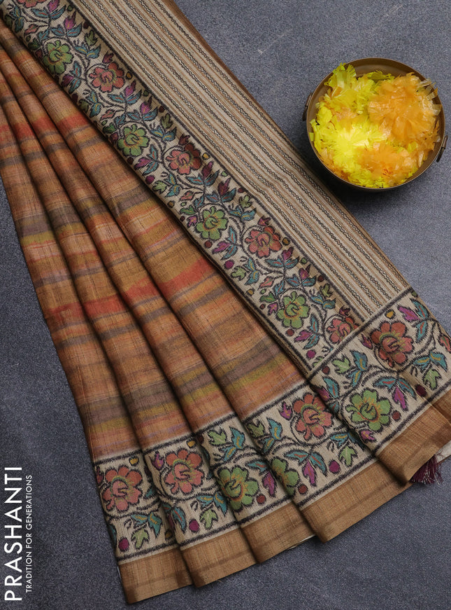 Art tussar saree multi colour and sandal with plain body and patola printed border