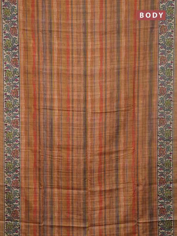 Art tussar saree multi colour and sandal with plain body and patola printed border