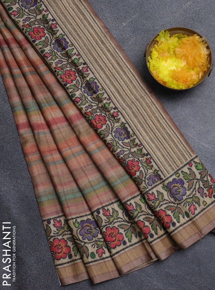 Art tussar saree pastel brown and beige with plain body and patola printed border