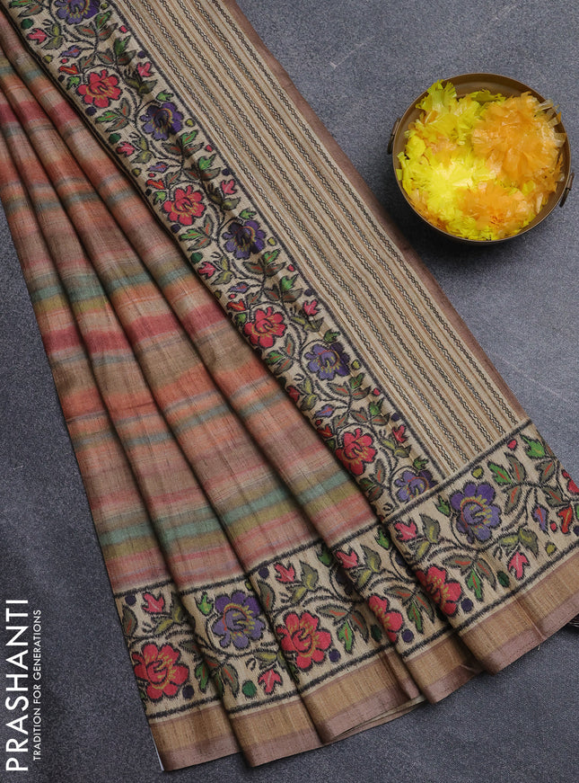 Art tussar saree pastel brown and beige with plain body and patola printed border