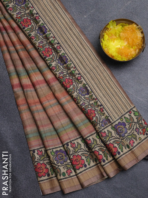 Art tussar saree pastel brown and beige with plain body and patola printed border