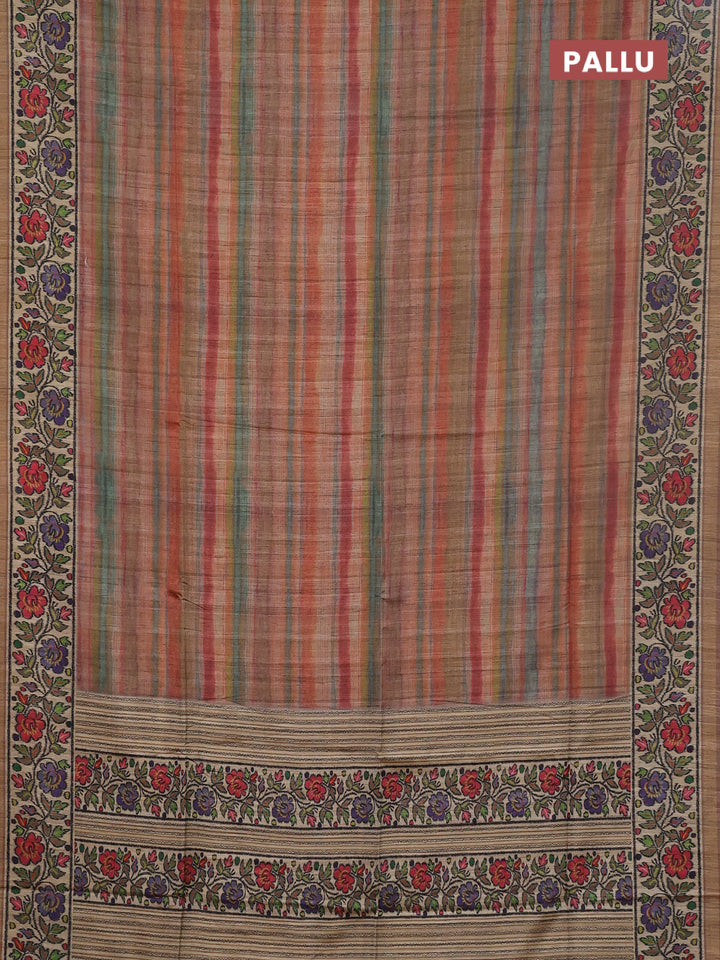 Art tussar saree pastel brown and beige with plain body and patola printed border