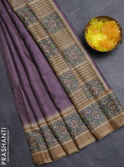 Art tussar saree purple and beige with allover prints and patola printed border