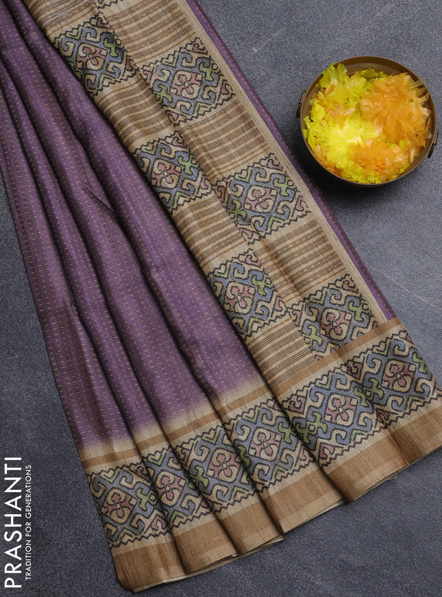 Art tussar saree purple and beige with allover prints and patola printed border