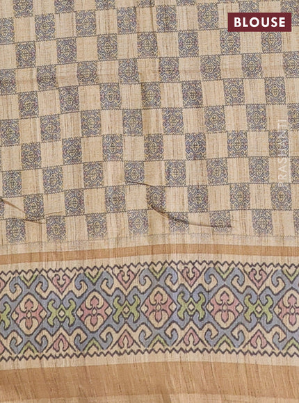Art tussar saree purple and beige with allover prints and patola printed border