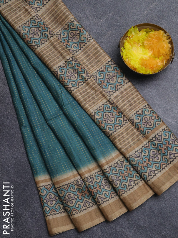 Art tussar saree teal green and beige with allover prints and patola printed border