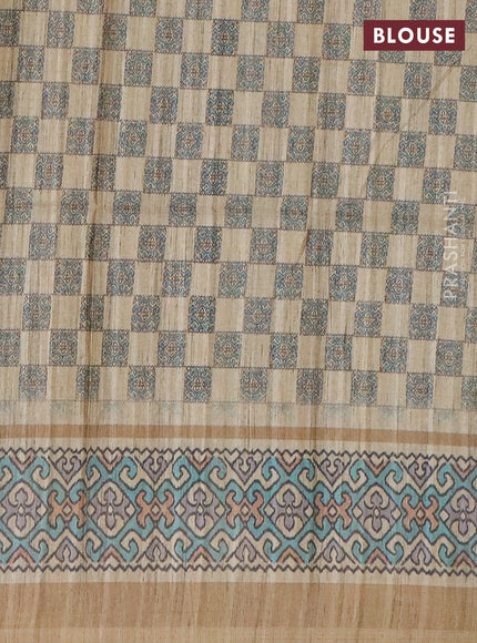 Art tussar saree teal green and beige with allover prints and patola printed border