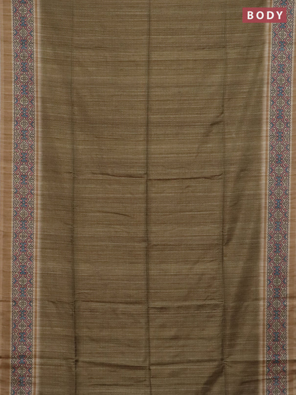Art tussar saree mehendi green and beige with allover prints and patola printed border