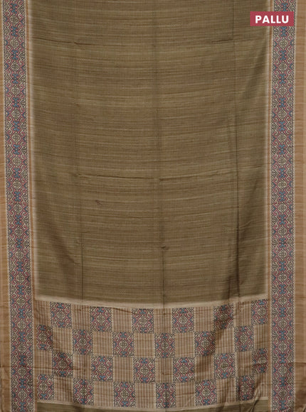 Art tussar saree mehendi green and beige with allover prints and patola printed border