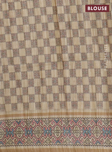 Art tussar saree mehendi green and beige with allover prints and patola printed border
