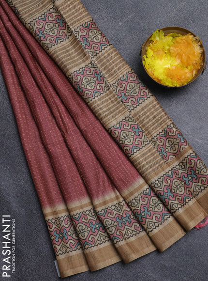 Art tussar saree peach pink and beige with allover prints and patola printed border