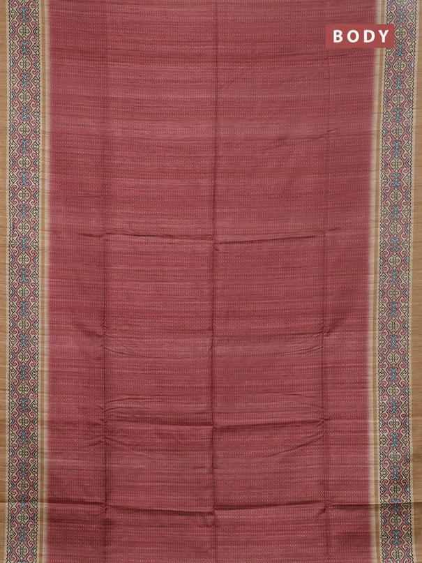 Art tussar saree peach pink and beige with allover prints and patola printed border