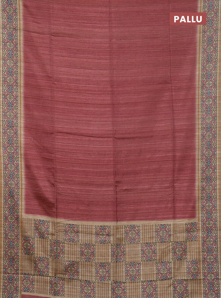 Art tussar saree peach pink and beige with allover prints and patola printed border
