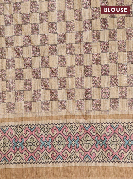 Art tussar saree peach pink and beige with allover prints and patola printed border