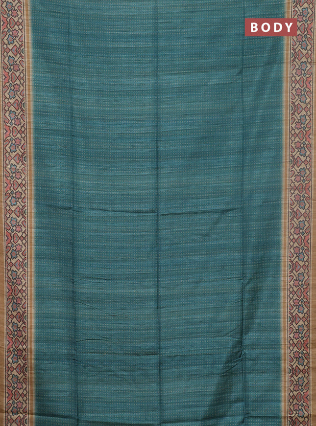 Art tussar saree teal green and beige with allover prints and patola printed border
