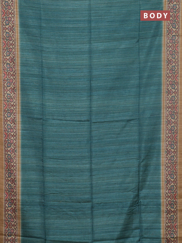 Art tussar saree teal green and beige with allover prints and patola printed border