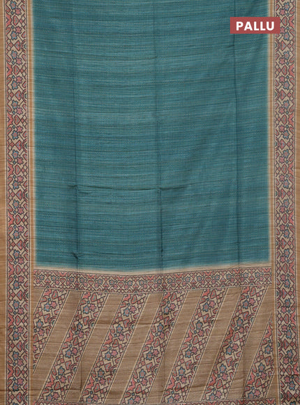 Art tussar saree teal green and beige with allover prints and patola printed border