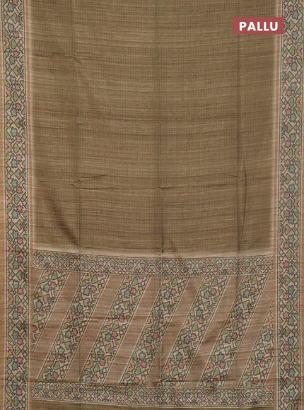Art tussar saree mehendi green and beige with allover prints and patola printed border