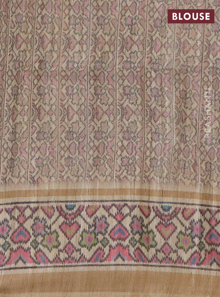 Art tussar saree pastel blue and beige with allover prints and patola printed border