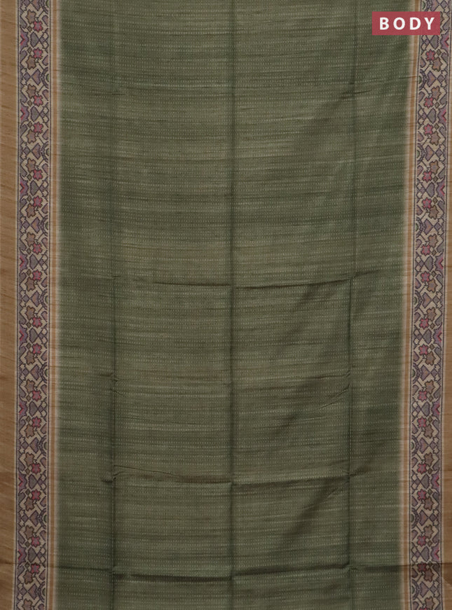Art tussar saree green and beige with allover prints and patola printed border