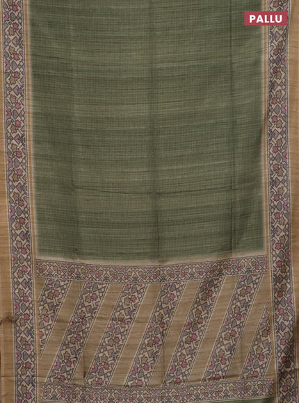 Art tussar saree green and beige with allover prints and patola printed border