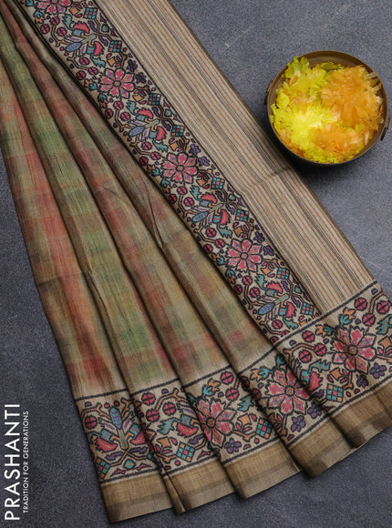 Art tussar saree multi green and beige with plain body and patola printed border