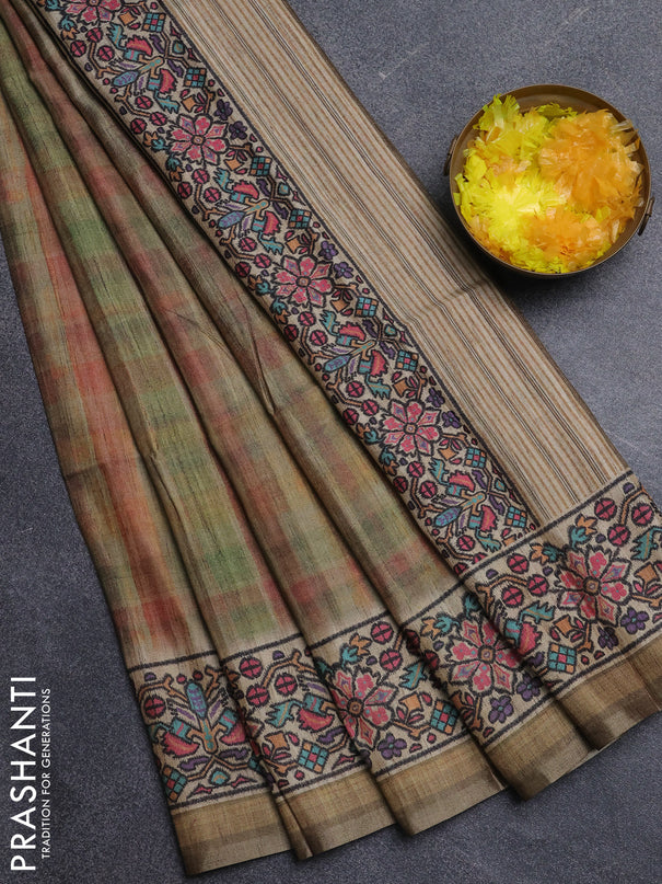 Art tussar saree multi green and beige with plain body and patola printed border