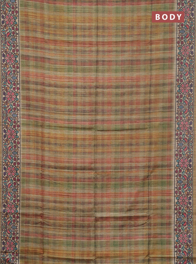 Art tussar saree multi green and beige with plain body and patola printed border